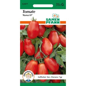 Samenpackung Buschtomate Roma mit Abbildung der roten, länglichen Tomaten.