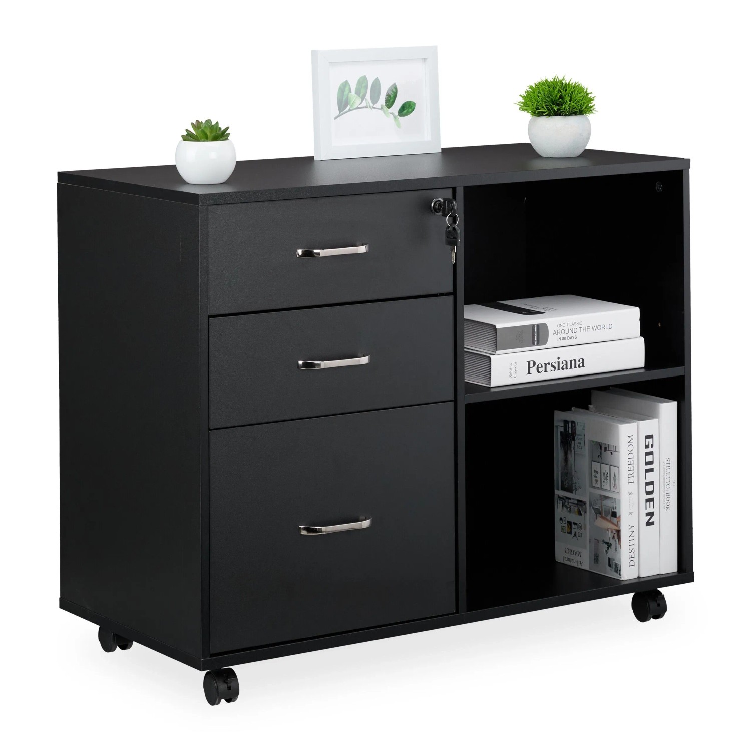 Relaxdays Rollcontainer Holzwerkstoff Metall Schwarz Abschließbar mit Rollen 66 cm x 80 cm x 40 cm 22,9 kg