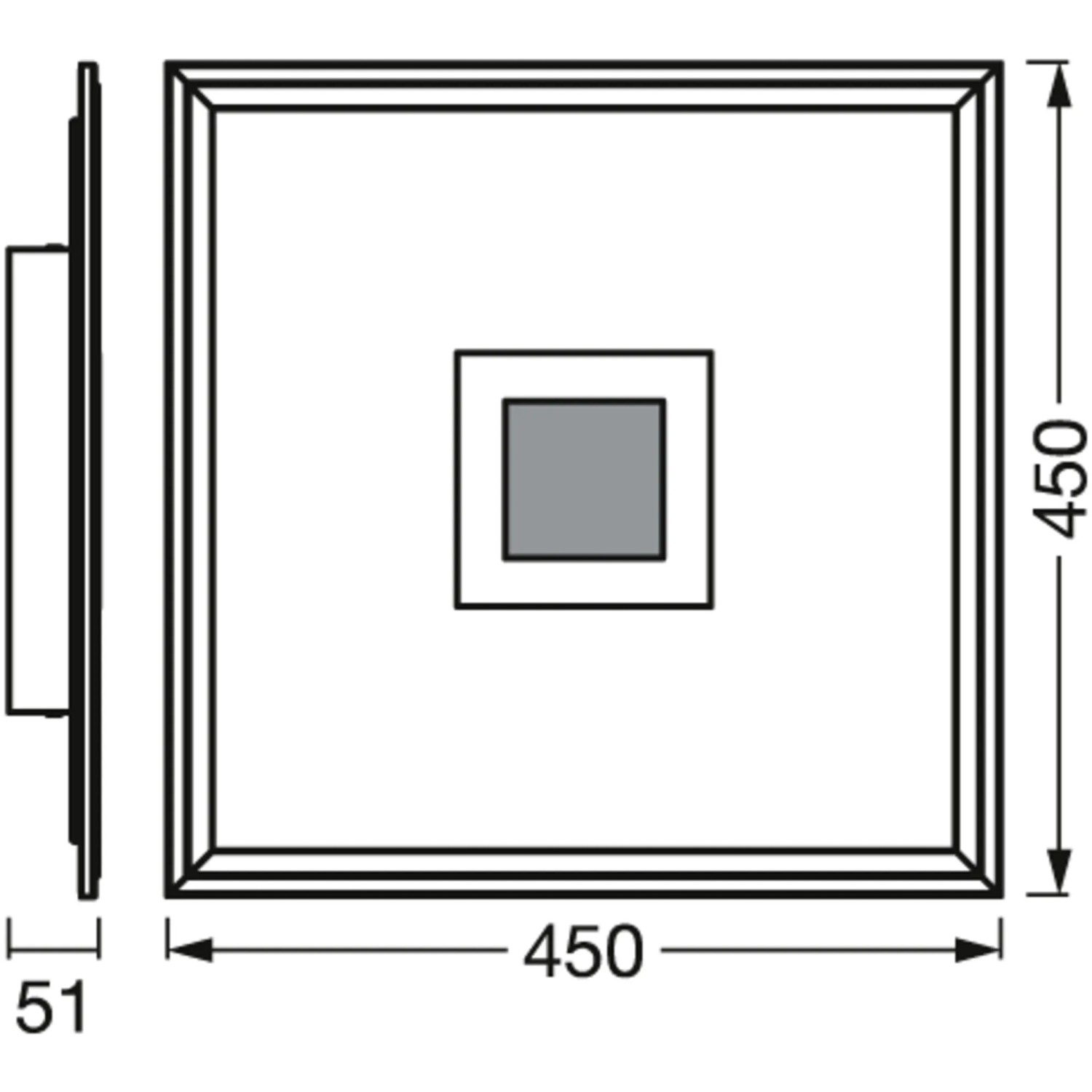 Technische Zeichnung der Ledvance Smart+ WiFi Panelleuchte Planon Plus 45x45 cm mit Maßen.