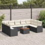 Schwarzes 10-tlg. vidaXL Garten-Sofa-Set aus Poly Rattan mit Tisch und cremefarbenen Polstern.