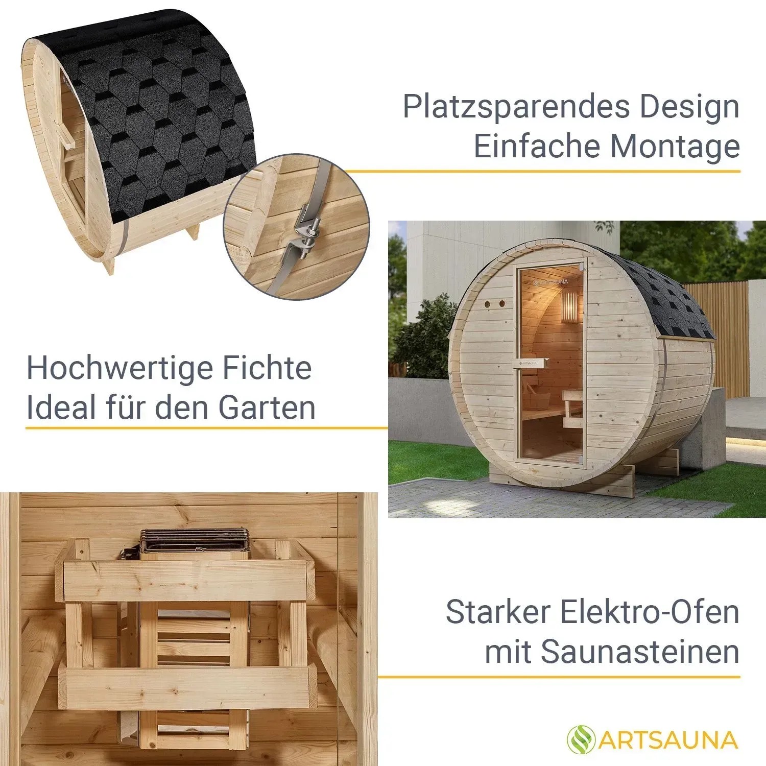 Artsauna Fasssauna Spitzbergen 120 cm für 2 Personen mit 3,6 kW Ofen aus Fichtenholz und Bitumendach.
