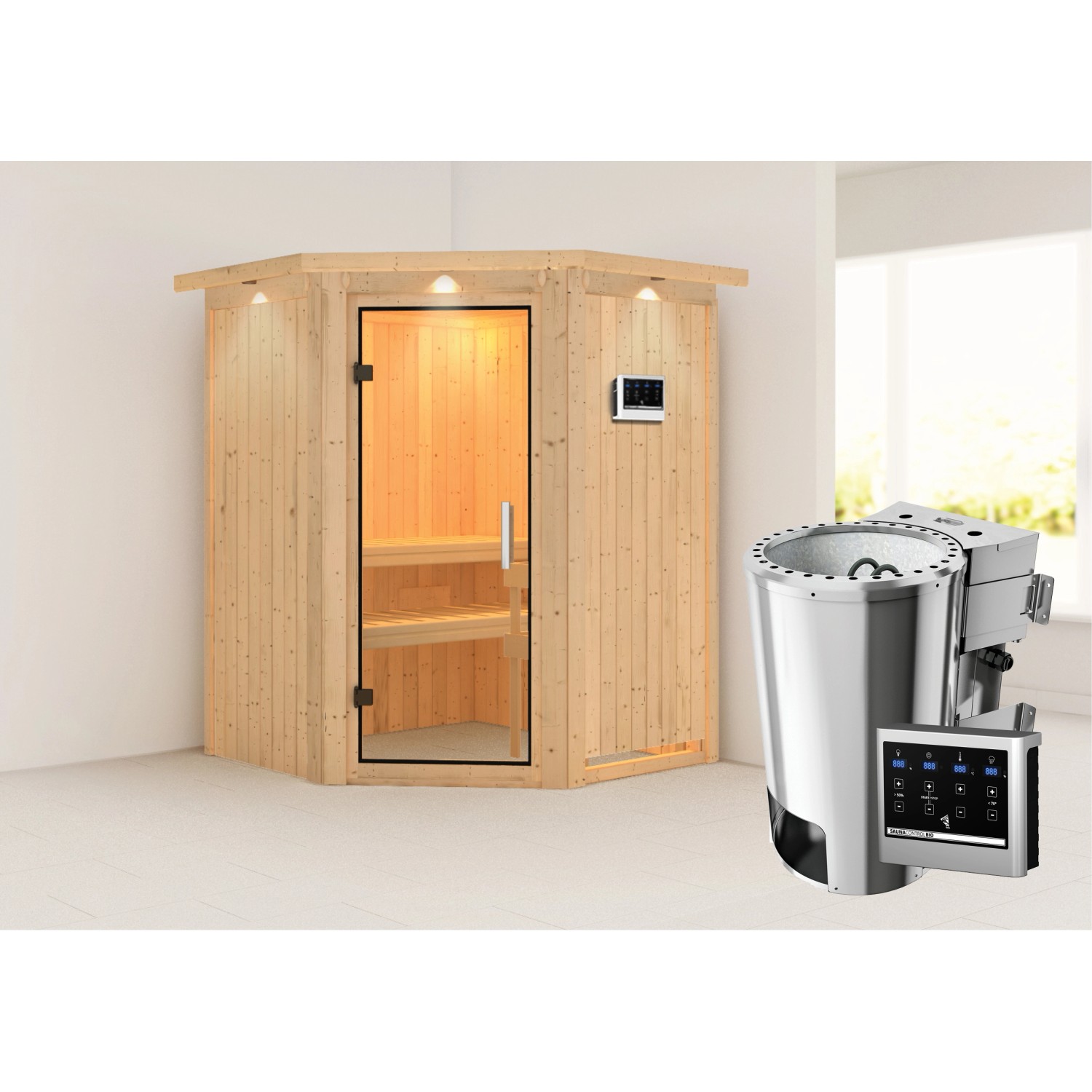 Karibu Sauna mit Bio-Ofen externe Stg.Easy LED-Dachkranz Natur günstig online kaufen