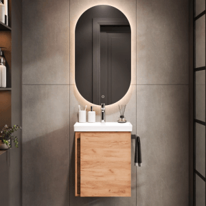 Planetmöbel Badmöbel Set 50 cm Gold Eiche mit Keramikwaschbecken Spiegel Soft Close 3 teilig