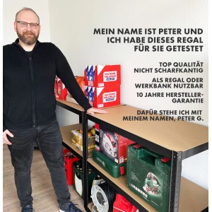 Schwarzes KARAT Schwerlastregal Odin 2er Set (200x100x50cm) mit Werkzeugen und Lebensmitteln.