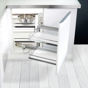 Kesseböhmer Magic Corner Silbergrau mit ARENA Classic Holzboden Rechts Ausschwenkbar Eckschrankbeschlag