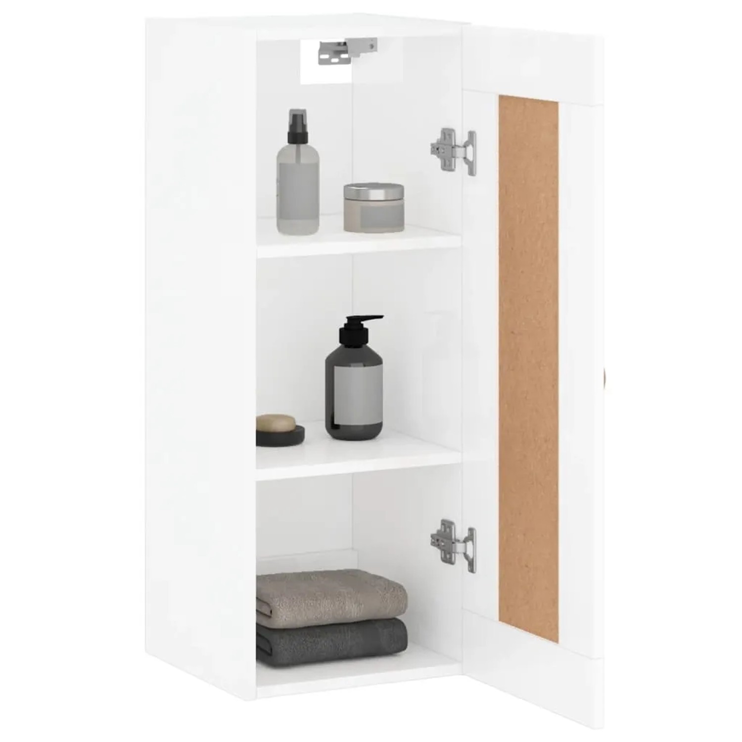 Weißer, hochglänzender Wandschrank (34,5x34x90 cm) mit offenen Fächern und Pflegeprodukten.