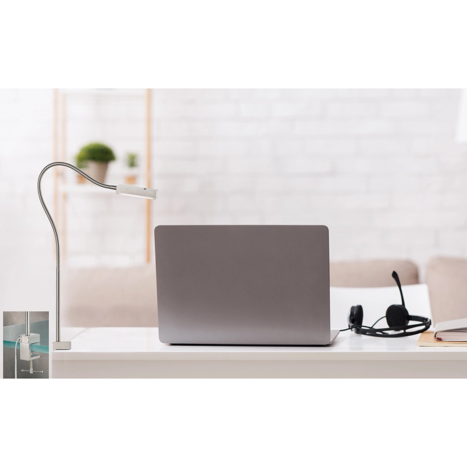 Nickelfarbene LED-Klemmleuchte Raik von Fischer & Honsel, höhenverstellbar und dimmbar.