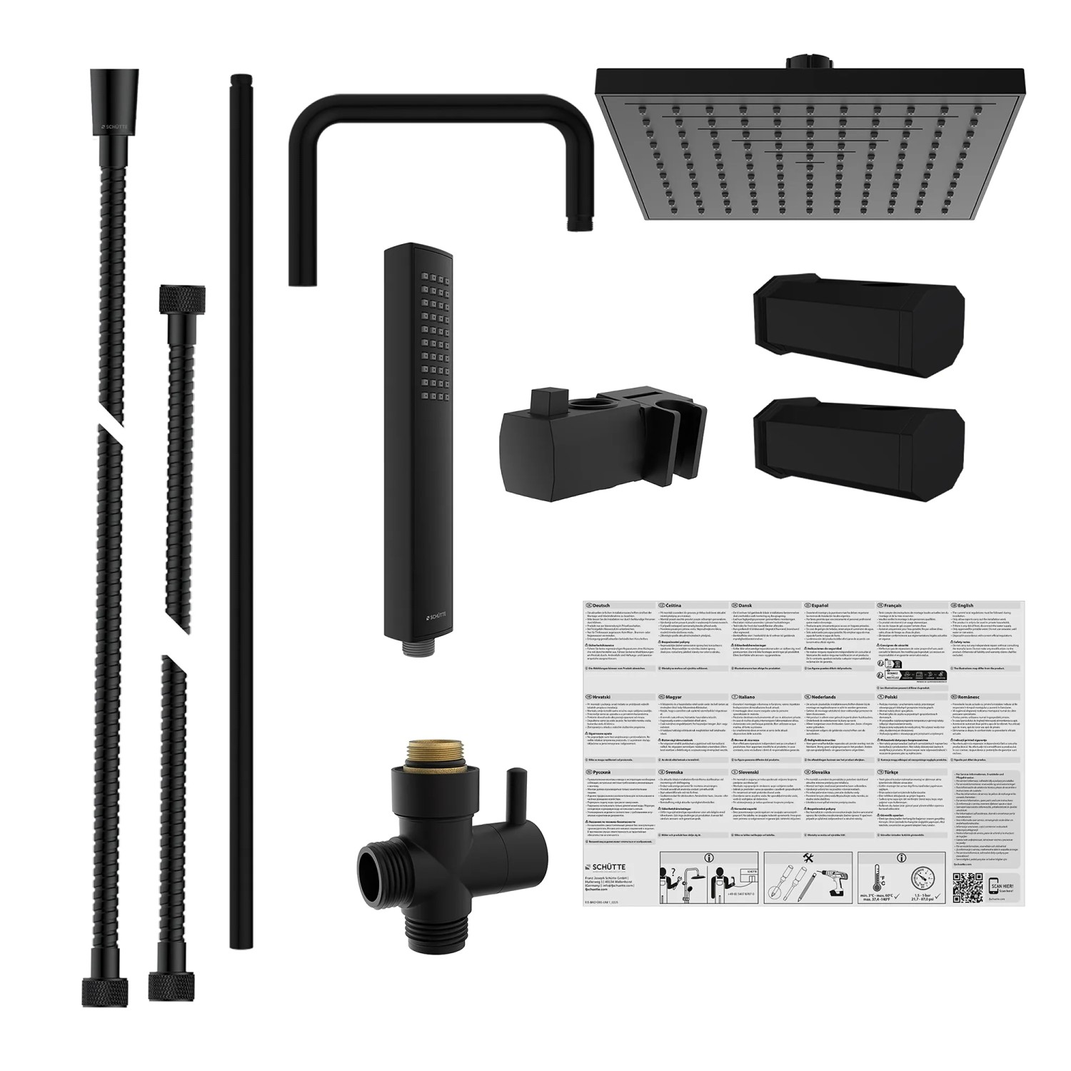 Schütte Überkopfbrause-Set Tokyo, 8-teilig, schwarz matt, mit Kopfbrause, Handbrause, Brauseschlauch und Duschstange.