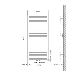Technische Zeichnung: Weißer Badheizkörper 600x1200 mm mit Anschlussgarnitur für Bodenanschluss.