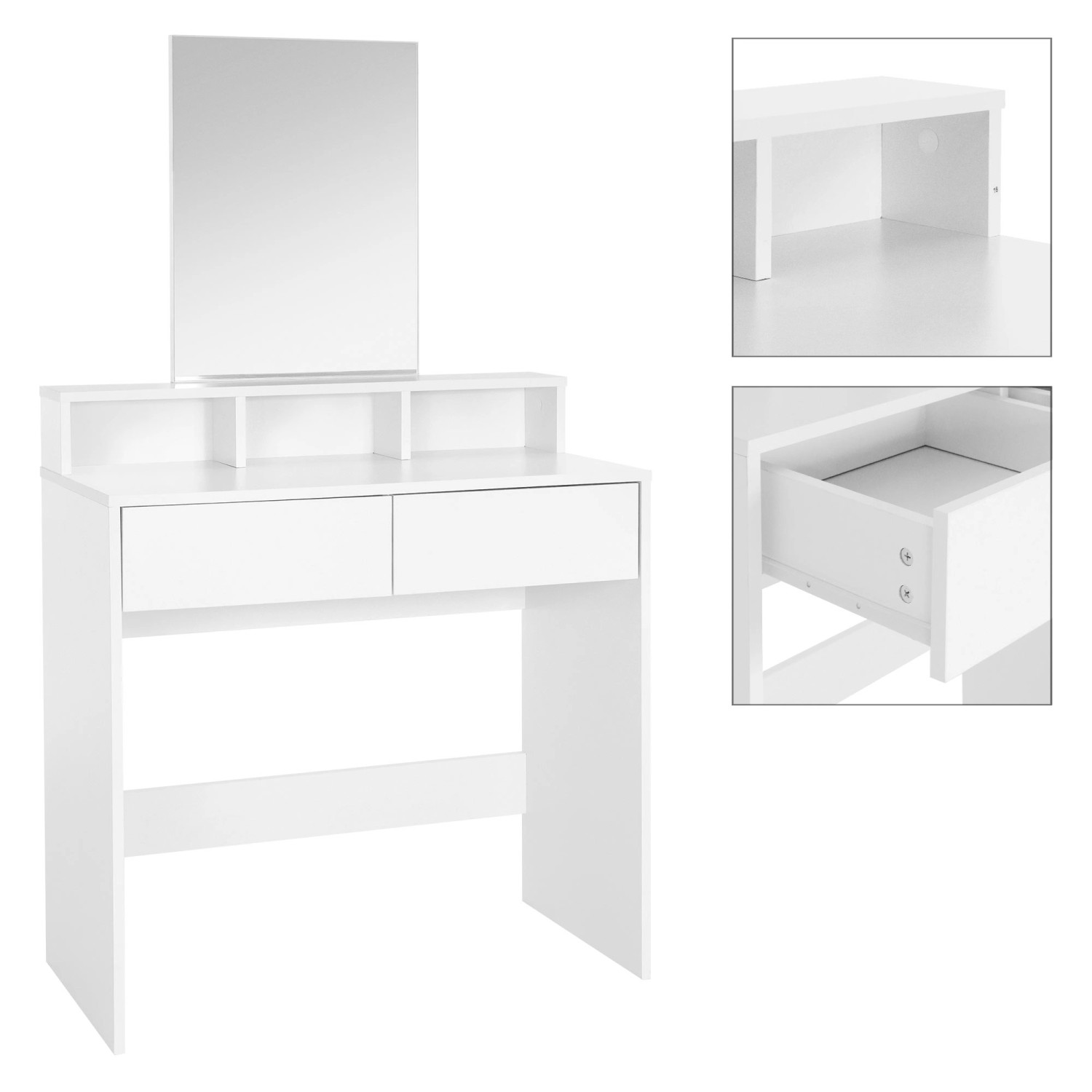 Weißer ML-Design Schminktisch mit Spiegel, 2 Schubladen und Ablagefächern.