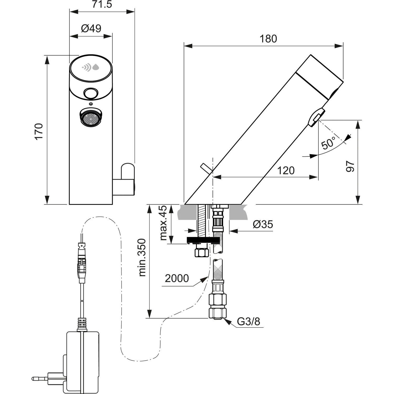 Technische Zeichnung: Ideal Standard Sensorflow Waschtischarmatur, Silk Black, mit Maßen.