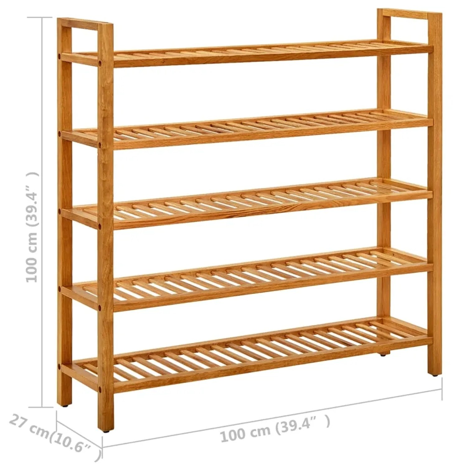 Schuhregal aus massivem Eichenholz mit 5 Lattenrosten, 100x27x100 cm. Praktischer Schuhständer für den Flur.