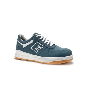 ELTEN Sicherheitshalbschuh JAMAIN XXST, jeansblaues Veloursleder, weiße Sohle, Schnürsenkel.