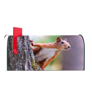 Grüner US Briefkasten mit Eichhörnchen Motiv, Stahl pulverbeschichtet, rote Fahne.