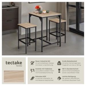 Tectake Barset Inverness 3 Teilig Tisch Mit 2 Hockern  120 x 60 x 91 cm Industrial Holz Hell  Eiche Sonoma