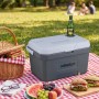Graue Relaxdays Kühlbox mit weißem Deckel auf Picknickdecke. Ideal für Outdoor, Camping & Grillparty. 15L Volumen.