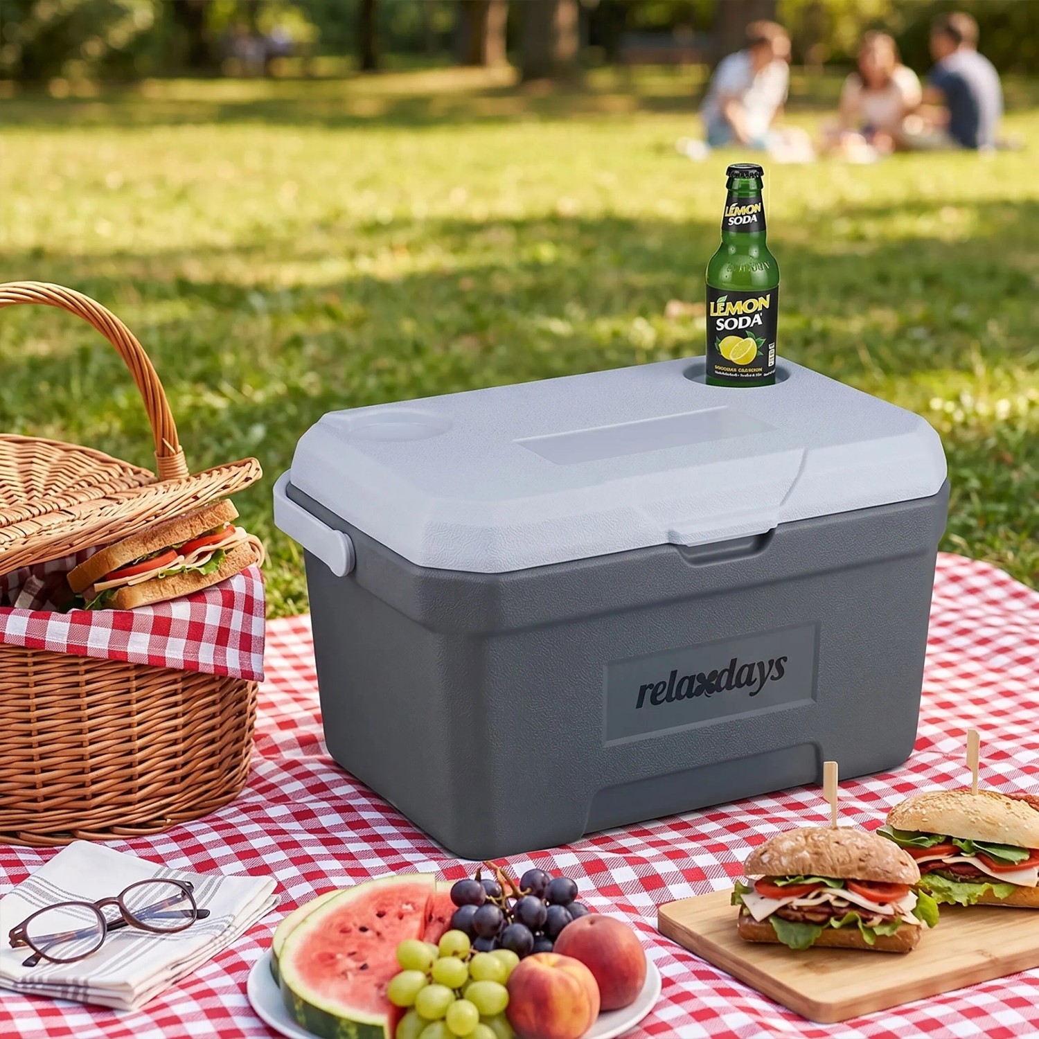 Graue Relaxdays Kühlbox mit weißem Deckel auf Picknickdecke. Ideal für Outdoor, Camping & Grillparty. 15L Volumen.