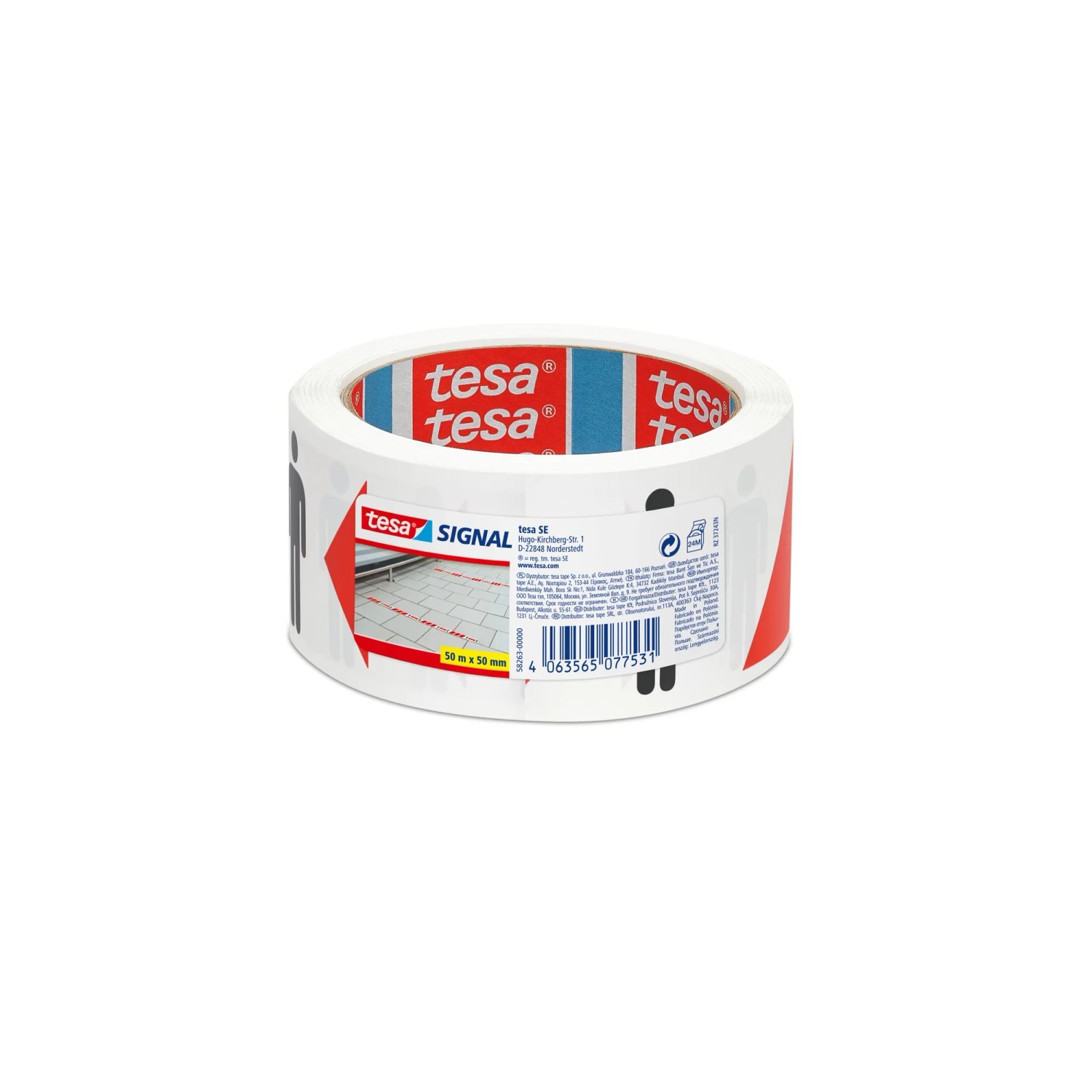 Tesa Distanzklebeband, rot/weiß, 50mm breit, zur Markierung von Sicherheitsabständen.