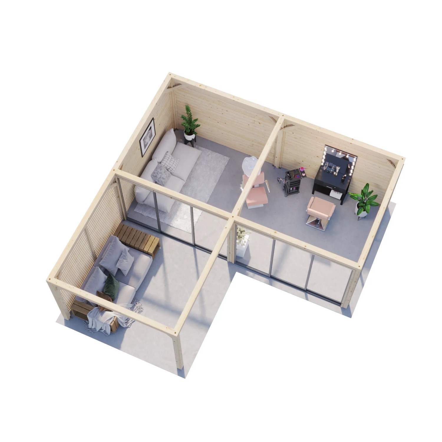 Palmako Pavillon Bianca Set 214, 588x588 cm, weiß lackiert. Weekendhaus mit Schiebetüren und Sichtschutzzaun.