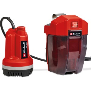 Einhell Akku-Klarwasserpumpe GE-PP 18 RB Li - Solo. Rot, mit Batteriebox und Kabel. Für Gartenbewässerung.
