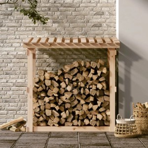 Kaminholzregal aus Kiefernholz, gefüllt mit Holzscheiten. Zubehör für Kamine & Öfen.