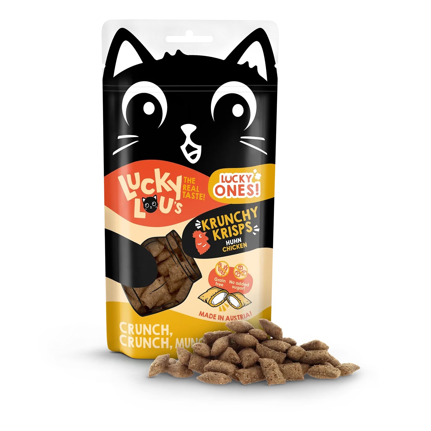 Lucky Lou Katzen-Trockenfutter Krunchy Krisps Huhn, getreidefreie Katzensnacks im Beutel.