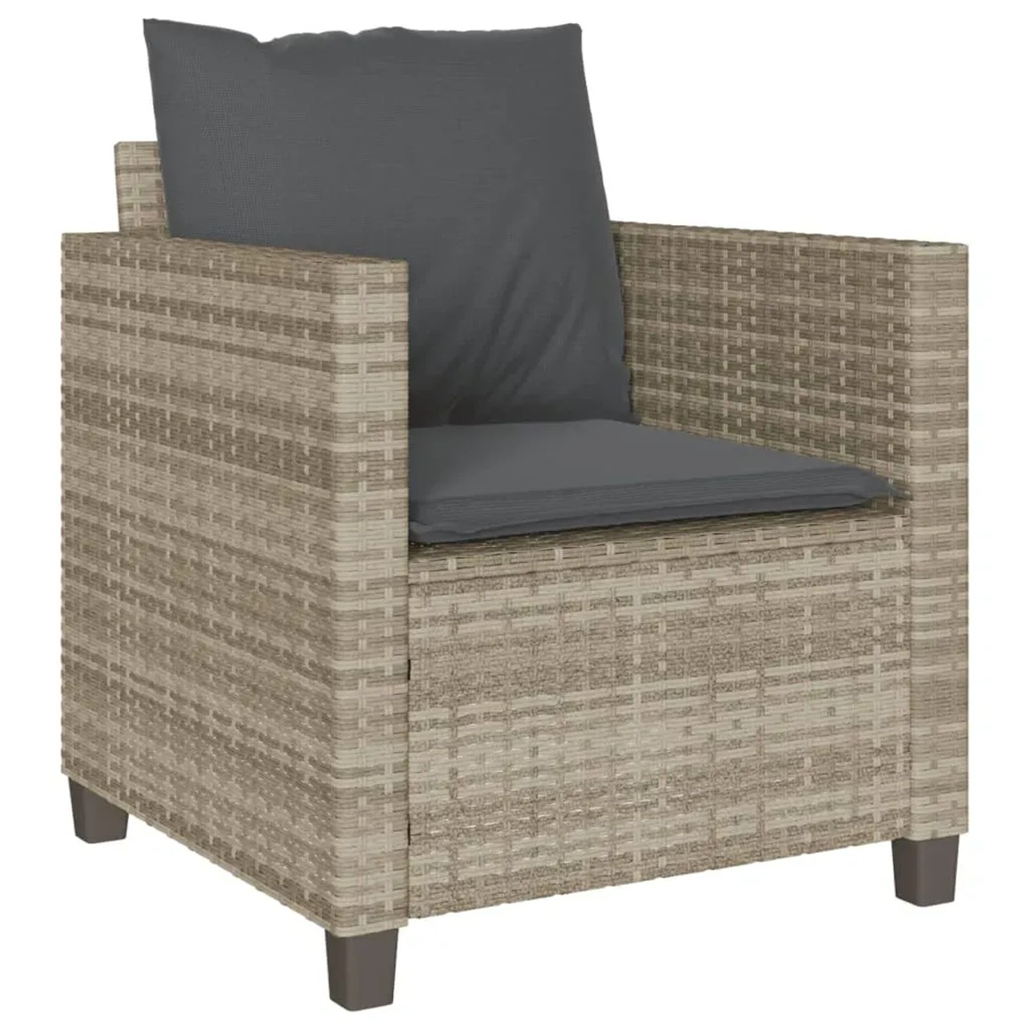 Hellgrauer vidaXL Gartenstuhl aus Polyrattan mit dunklen Kissen für Bistro-Set.