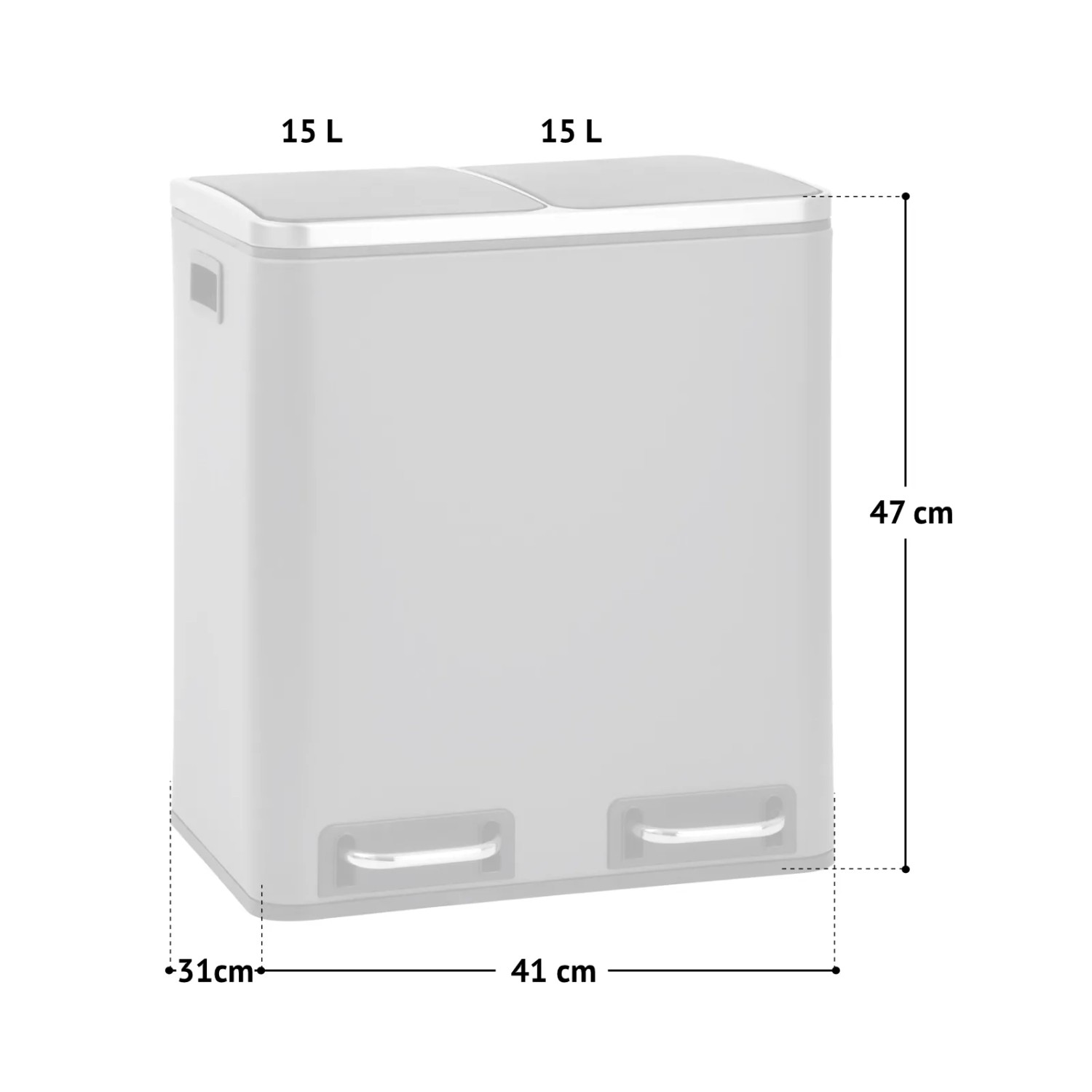 Svita TM2X15 Mülleimer, 30L Abfalleimer mit 2 Fächern, grau, mit Maßen.