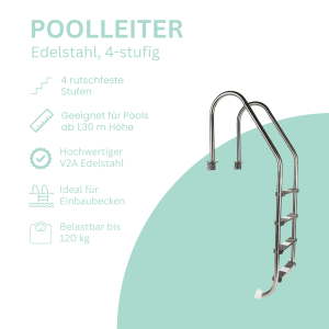 Poolomio Poolleiter aus Edelstahl mit 4 Stufen für Pools ab 1,30 m Höhe.