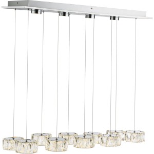 Globo LED-Pendelleuchte Amur, 14-flammig, Chrom mit Kristall-Anhängern.