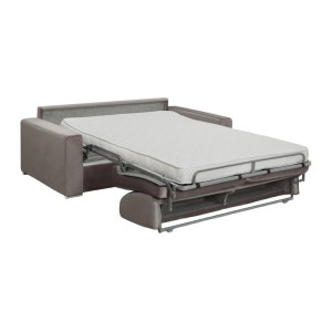 Beiges Vente-unique Schlafsofa Calito, 4-Sitzer, ausgeklappt mit Matratze und Lattenrost.