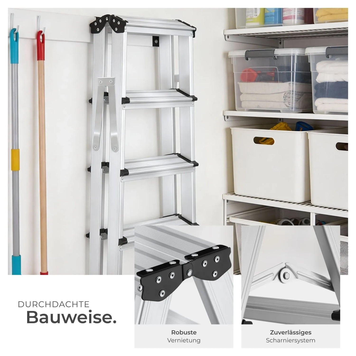 Silberne Tectake Doppelleiter, 4 Stufen, klappbar, aus Aluminium. Zeigt robuste Vernietung und Scharniere.