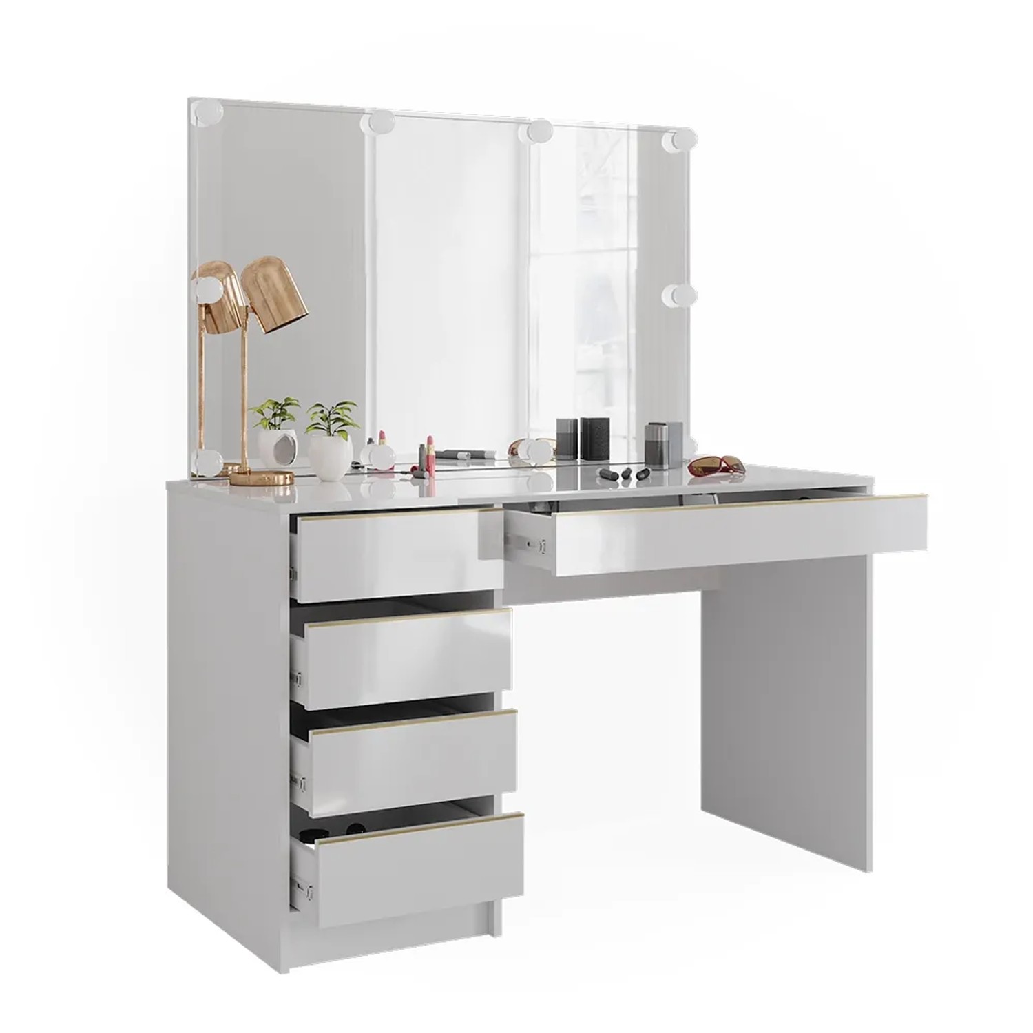 Weißer Vicco Schminktisch Sherry mit LED-Beleuchtung und Spiegel, Schubladen teilweise geöffnet.