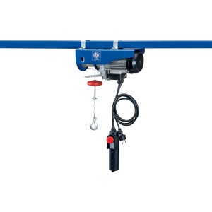 LUX-TOOLS Elektrischer Seilzug ESZ-300/600-A, blauer Flaschenzug mit Haken und Steuerung.