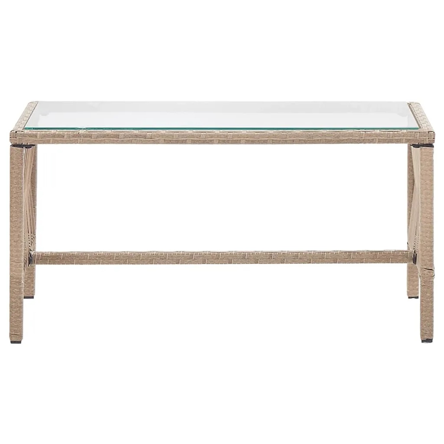Beiger Couchtisch aus Polyrattan mit Glasplatte, Teil des vidaXL Garten-Lounge-Sets.