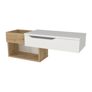 Wandkonsole Dareka, 90 cm, mit weißer, leicht geöffneter Schublade und hellen Holzfächern. Moderner Wohnzimmertisch.