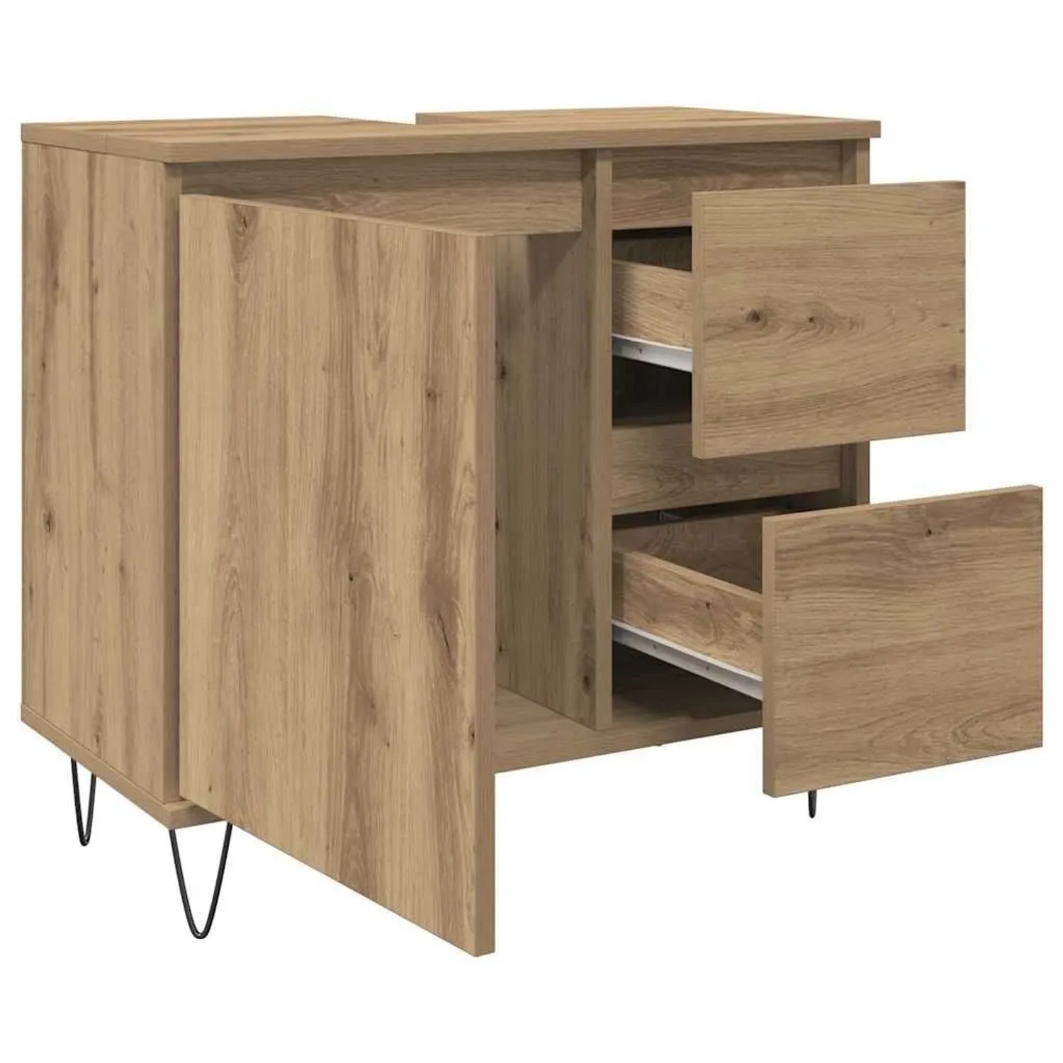 Waschbeckenunterschrank Artisan-Eiche aus Holzwerkstoff mit offenen Türen, Schubladen und Eisenbeinen für das Bad.