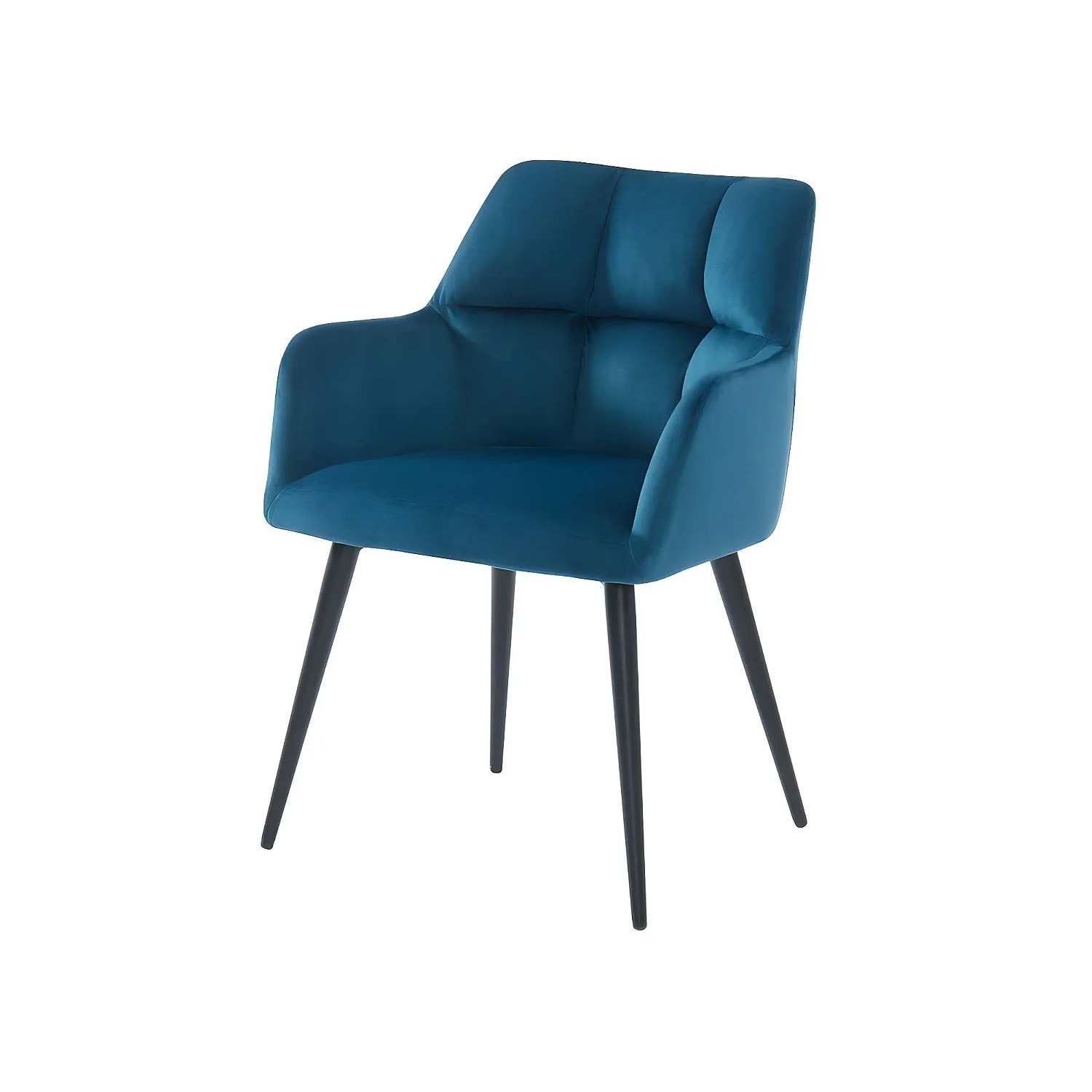Moderner Esszimmerstuhl Pega in Blau, Samtbezug und schwarzen Metallbeinen. Ideal für Essgruppen.
