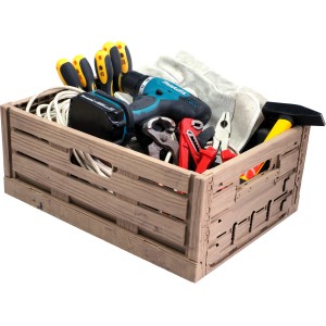 Klappbox Midi in Holzoptik (15,8 l) gefüllt mit Werkzeugen wie Hammer, Schraubenzieher und Bohrmaschine.