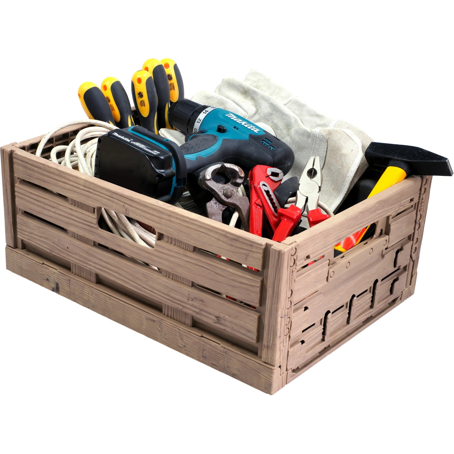 Klappbox Midi in Holzoptik (15,8 l) gefüllt mit Werkzeugen wie Hammer, Schraubenzieher und Bohrmaschine.