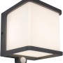 Moderne, anthrazitfarbene Lutec LED Solar-Wandleuchte Doblo mit Bewegungsmelder.