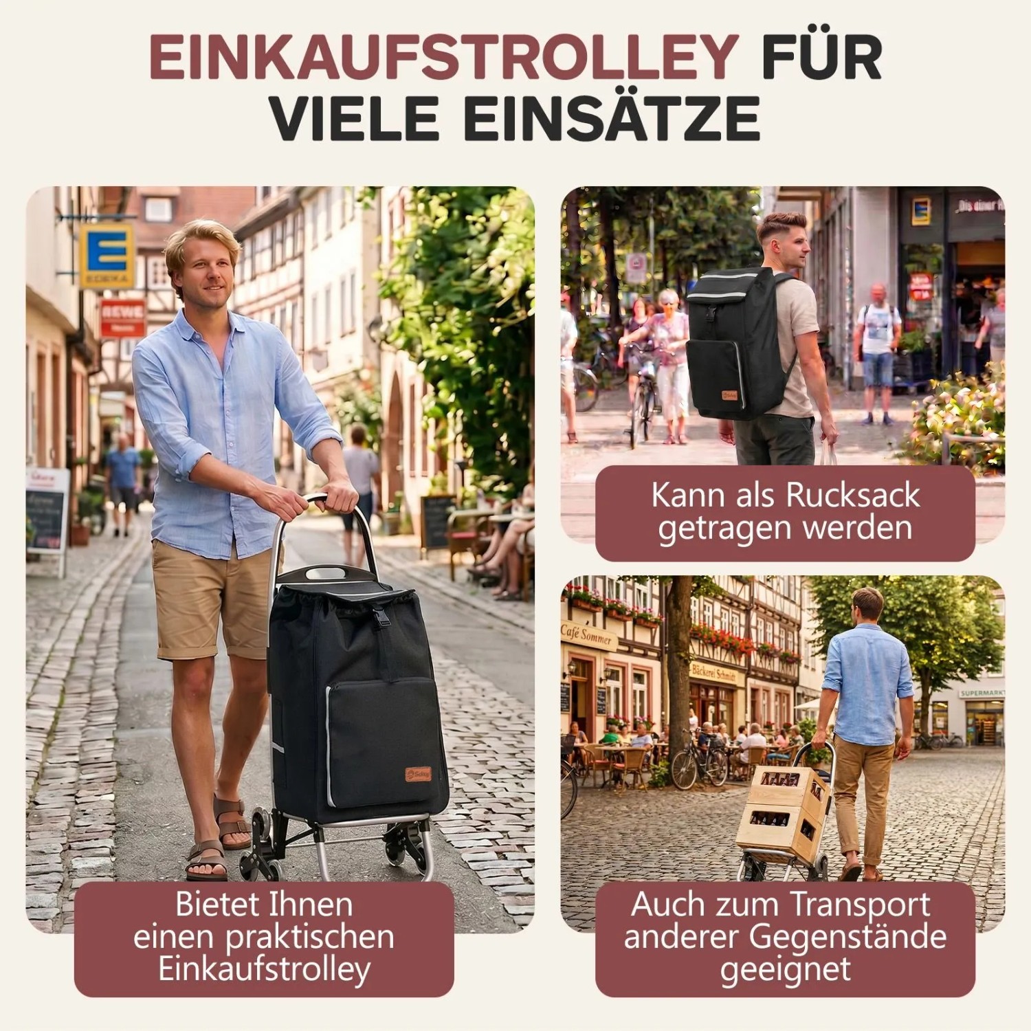Sekey Treppensteiger Einkaufstrolley, schwarz, mit Rucksackfunktion und Kühlfach.
