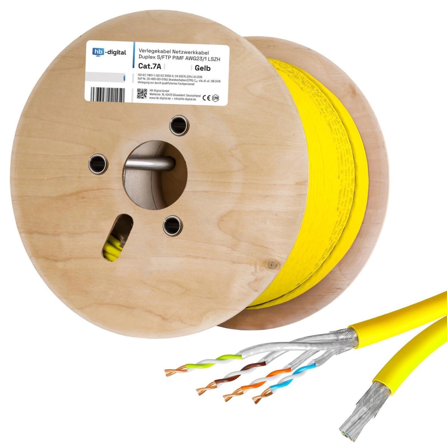 hb-digital CAT 7a Verlegekabel Duplex Installationskabel max. 1200 MHz S/FTP AWG23 LSZH 500m gelb