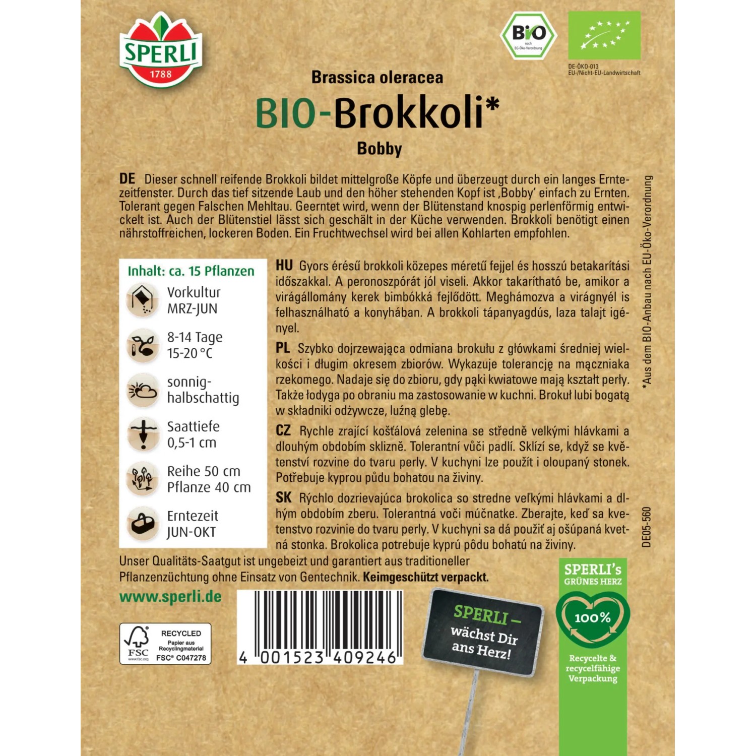 Samenpackung Sperli Bio Brokkoli Bobby. Schnellreifender Brokkoli für den Garten.