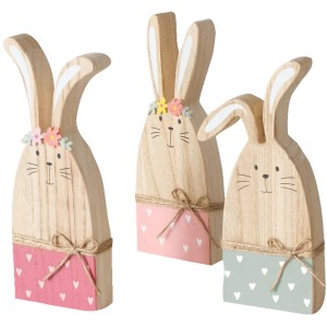 Boltze Deko-Figur Hase, 3-fach sortiert, aus Holz mit Juteband und Blumen, Osterdeko