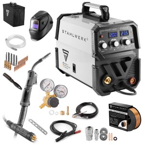 STAHLWERK MIG MAG 200 ST Schweißgerät mit Zubehör und Schweißhelm.