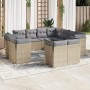 Beige 11-tlg. Garten-Sofagarnitur aus Polyrattan mit grauen Kissen. Modulare Gartenmöbel für Terrasse und Garten.