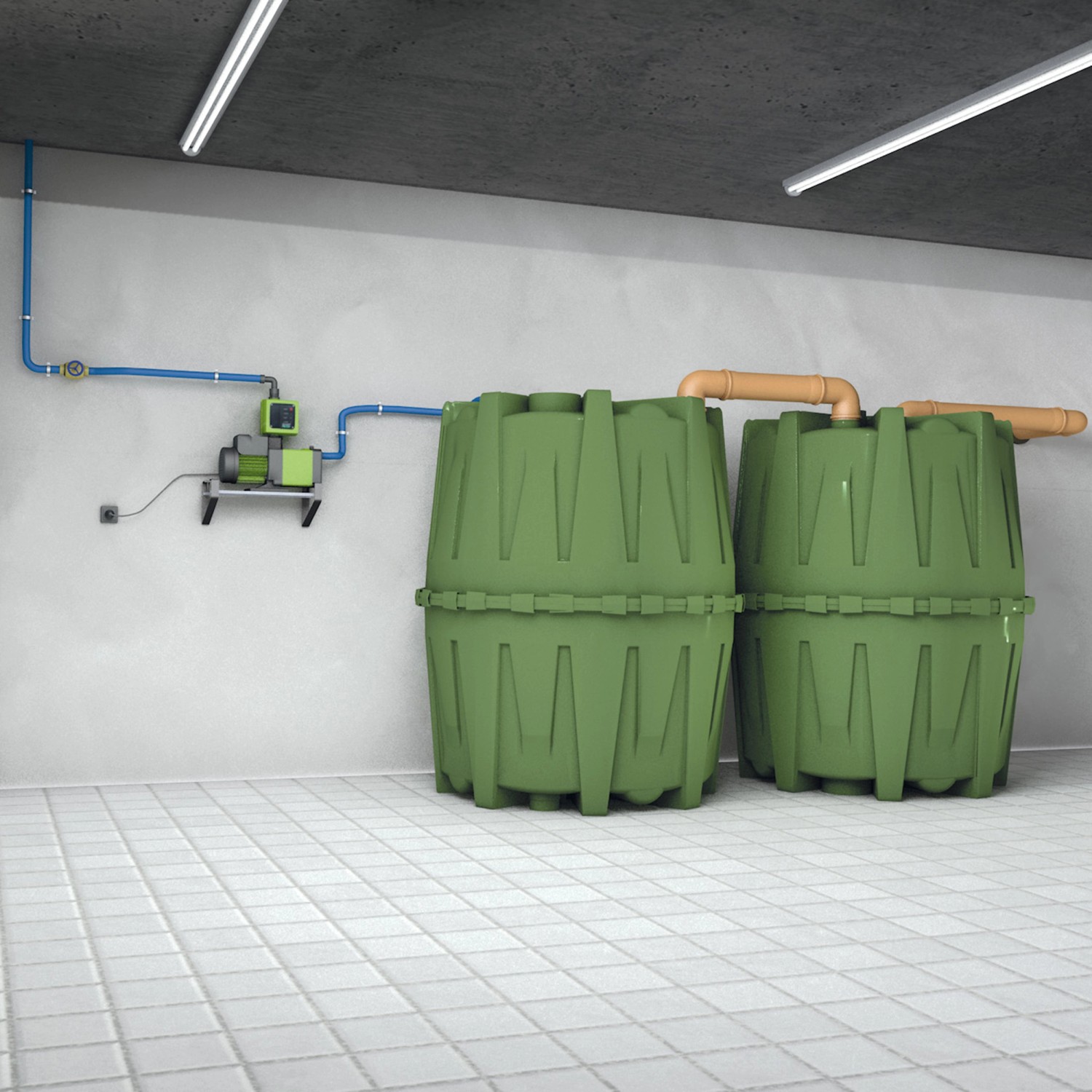 Garantia Zisterne Herkules 1600 l, grüner Erdtank mit Pumpe im Keller.