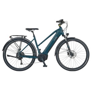 Perlnachtblaues Prophete Trekking E-Bike Entdecker 3.0 Damenrad mit Trapezrahmen und Mittelmotor.