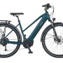 Perlnachtblaues Prophete Trekking E-Bike Entdecker 3.0 Damenrad mit Trapezrahmen und Mittelmotor.